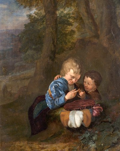 Deux garçons avec un oiseau - Eglon van der Neer