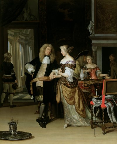 Les Fiançailles : Un jeune couple dans un intérieur élégant, 1678 - Eglon van der Neer