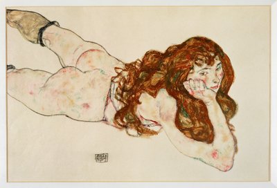 Nu féminin couché sur le ventre - Nu sur elle ... (gouache et crayon noir) - Egon Schiele
