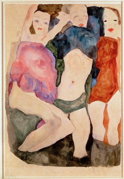 Drei Maedchen [Trois filles] (aquarelle et crayon) - Egon Schiele