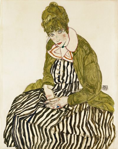 Edith Schiele en robe à rayures, assise - Egon Schiele