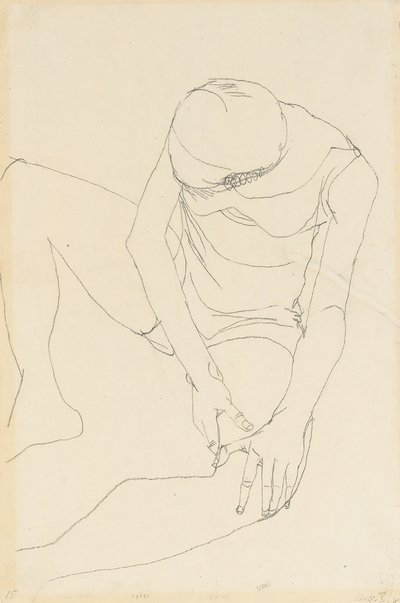 Nu féminin penché en avant, les deux mains sur la cuisse gauche - Egon Schiele