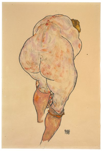 Nu féminin remontant ses bas, vue arrière, 1918 - Egon Schiele
