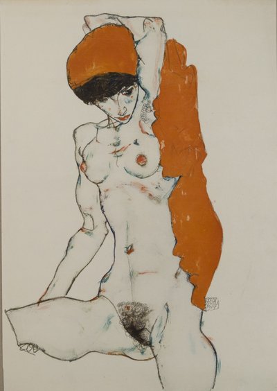 Nu féminin avec tissu orange-rouge, 1914 - Egon Schiele