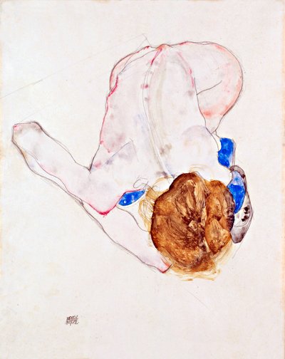 Femme nue aux bas bleus, penchée vers l