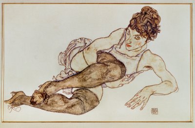 Femme aux bas bruns - Woman ... (gouache et crayon noir) - Egon Schiele