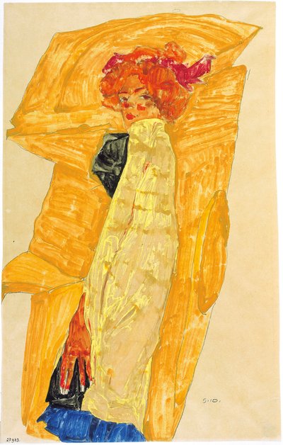 Gerti devant des draperies couleur ocre, 1910 - Egon Schiele