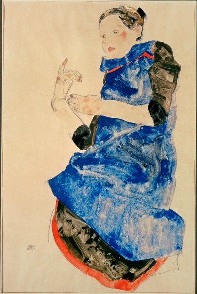 Fille au tablier bleu (aquarelle et crayon) - Egon Schiele