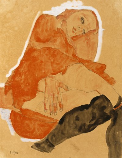 Fille en robe rouge et bas noirs - Egon Schiele