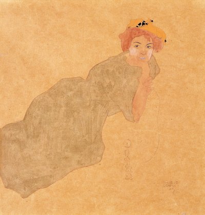 Fille en robe olive avec bras appuyé - Egon Schiele