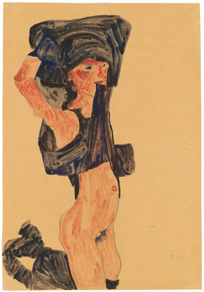 Jeune fille agenouillée tirant sa jupe sur sa tête, 1910 - Egon Schiele