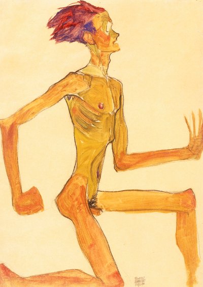 Homme nu agenouillé, de profil à droite - Egon Schiele