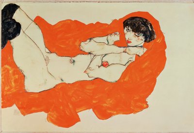 Nu féminin couché sur un drap rouge - Reclining ... (gouache et crayon noir) - Egon Schiele