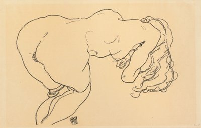 Nu aux longs cheveux, penché en avant, vue de dos, 1918 - Egon Schiele