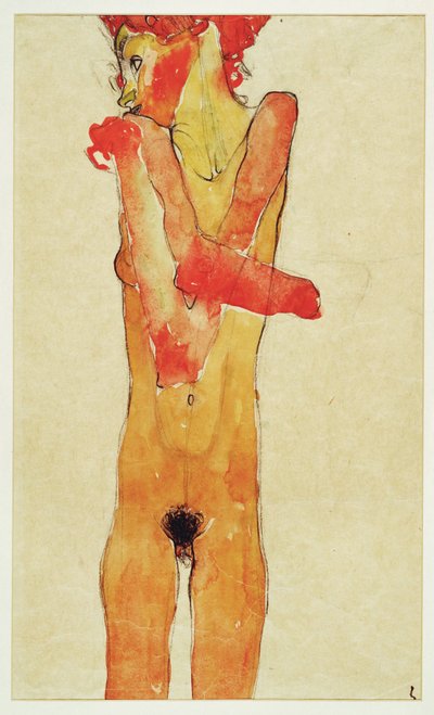 Nu de jeune fille aux bras croisés (nu girl with ... (watercolour and charcoal) - Egon Schiele