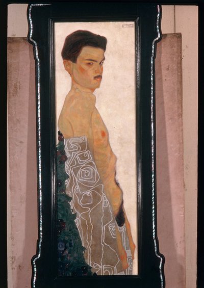 Autoportrait nu avec draperie ornementale ... (huile et peinture métallique) - Egon Schiele
