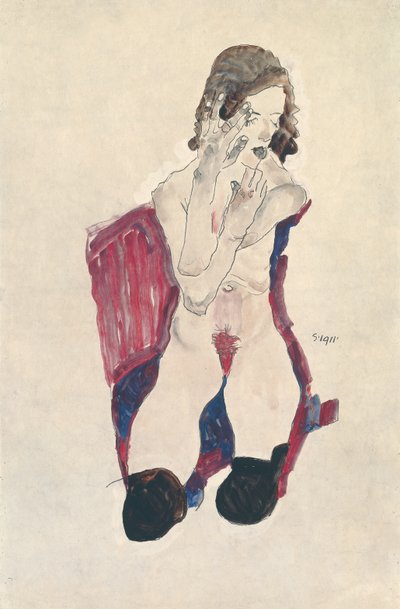 Fille assise avec des bas noirs et les mains croisées, 1911 - Egon Schiele