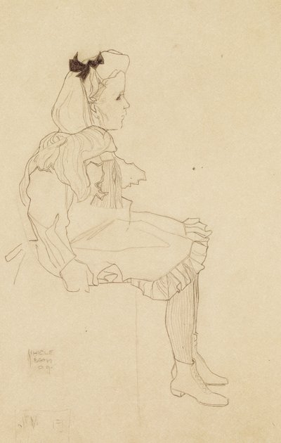 Fille assise avec un nœud dans les cheveux, 1909 - Egon Schiele