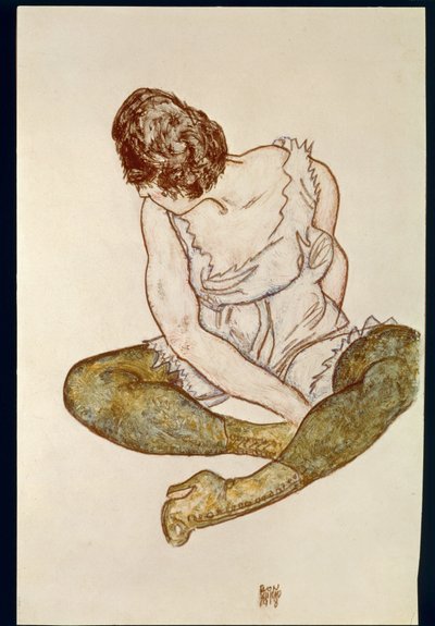 Femme assise avec des bas verts ... (aquarelle et crayon noir) - Egon Schiele