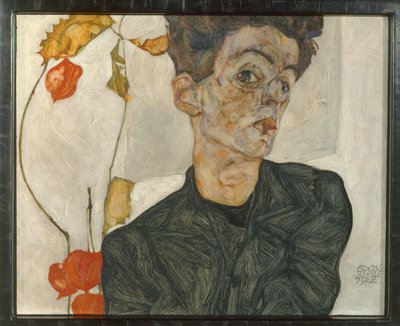 Autoportrait aux fruits de lampions ... (huile et aquarelle sur toile) - Egon Schiele