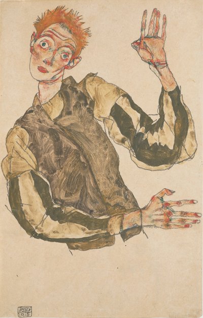 Autoportrait avec protège-manches rayés - Egon Schiele