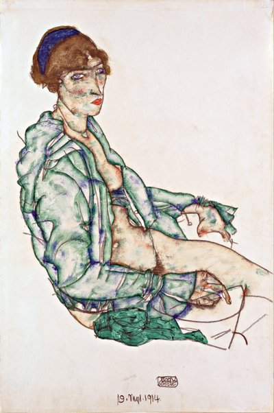 Demi-nu assis avec un bandeau bleu - Egon Schiele