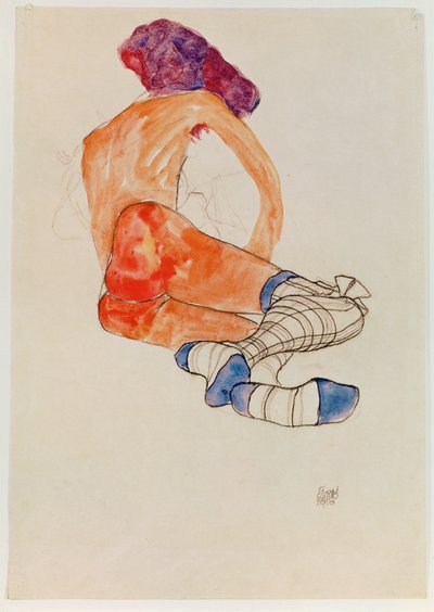 Nu féminin assis avec jarretière bleue, du ... (gouache, aquarelle, et charbon) - Egon Schiele