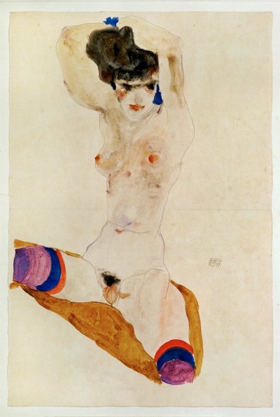 Fillette nue assise avec la tête au-dessus ... (watercolour and pencil) - Egon Schiele