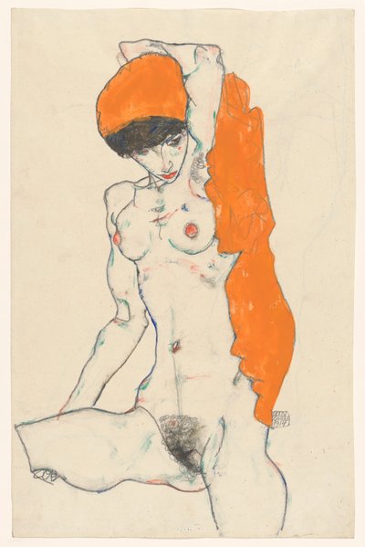 Stehender Akt mit orangefarbenem Tuch (recto): Studie eines Aktes mit erhobenen Armen (verso) - Egon Schiele