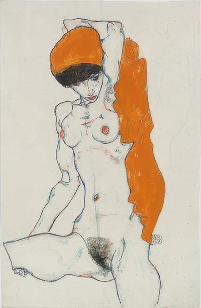 Nu debout avec drap orange. 1914 - Egon Schiele