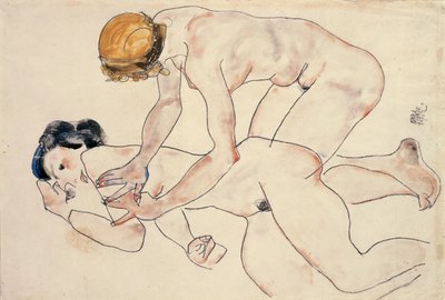 Deux nus féminins, allongés et agenouillés - Egon Schiele