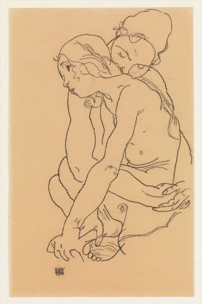 Frau und Mädchen, die sich umarmen - Egon Schiele
