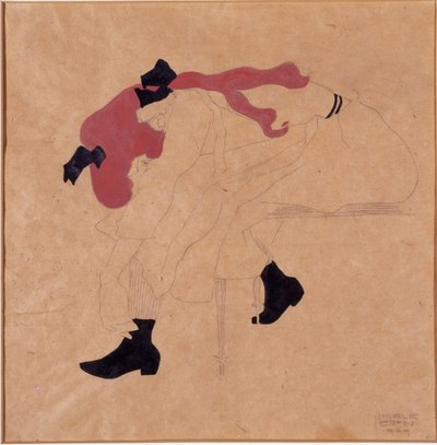 Jeune Fille avec Ruban Noir dans les Cheveux Rouges, mettant ses Chaussures, 1909 - Egon Schiele