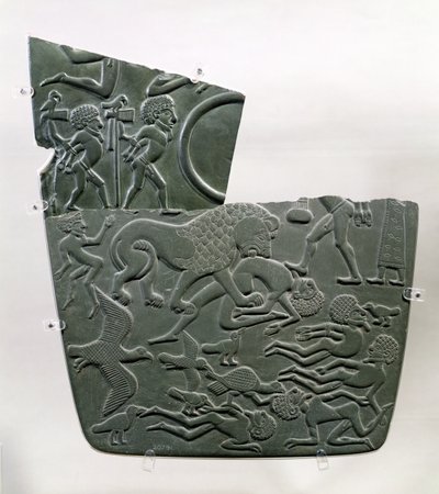 Palette de champ de bataille, représentant des captifs et des victimes de bataille, ces dernières étant la proie des animaux sauvages, fin prédynastique à la 1ère dynastie, vers 3100 av. J.-C. - Egyptian