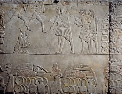 Disposition des aliments dans les entrepôts, relief mural en calcaire, de la tombe memphite d