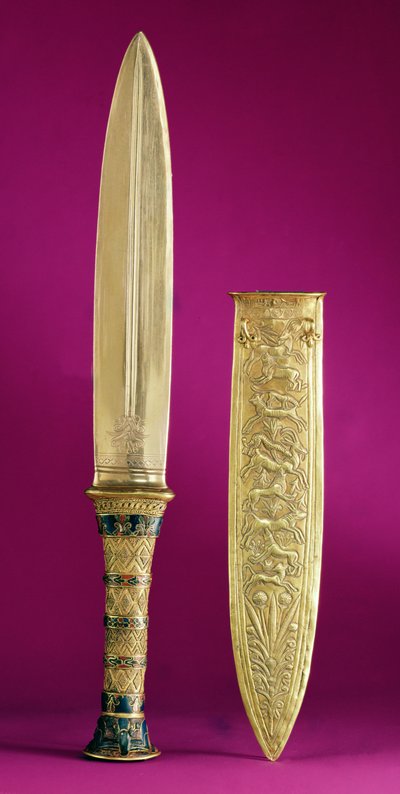 Dague et Fourreau, de la Tombe de Toutankhamon (c.1370-1352 av. J.-C.) Nouveau Royaume (or incrusté de lapis-lazuli) - Egyptian 18th Dynasty