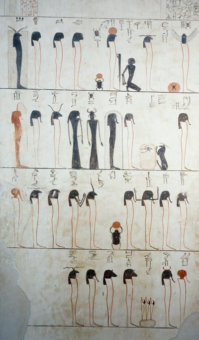 Représentation de la Litanie de Ra, détail des fresques dans la chambre funéraire de la Tombe de Thoutmosis III, Vallée des Rois, Louxor, Thèbes (Liste du patrimoine mondial de l
