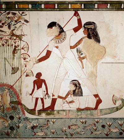 Antiquité égyptienne : scène de pêche. Le noble Menna sur un bateau avec sa femme harponnant un poisson. Fresque de la tombe de Menna (TT69) dans la nécropole des nobles à Gournah. Sheikh Abd al-Gournah (el Gournah), Louxor, Égypte - Egyptian 18th Dynasty