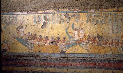 Antiquité égyptienne: fresque de la tombe du peintre Maia, pèlerinage en bateau à Abydos, citation d