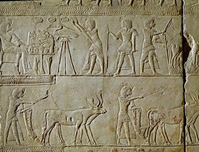 Antiquité égyptienne: scènes de travail dans les champs et offrandes au pharaon. Détail d