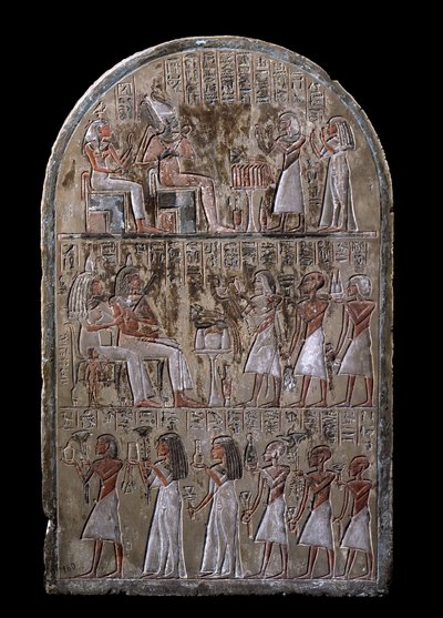 Antiquité égyptienne : stèle du couple Maia, les défunts offrent des présents aux dieux. 18ème dynastie - Egyptian 18th Dynasty