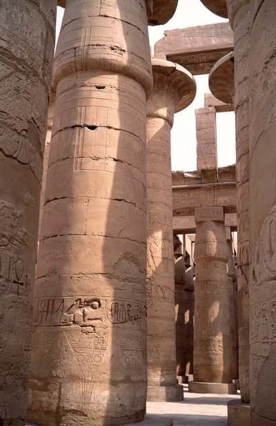 Antiquité égyptienne : vue des colonnes de la salle hypostyle du temple d