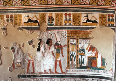 Antiquité égyptienne : Horus guide Roy et sa femme vers Osiris. Fragments de fresque de la tombe de Roy (TT255). 18e dynastie. De la rive ouest de Louxor, Égypte - Egyptian 18th Dynasty