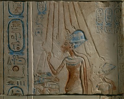 Gravure égyptienne représentant Akhenaton et Néfertiti adorant le disque solaire, de Tall al-Amarnah, Égypte, Nouvel Empire, XVIIIe dynastie - Egyptian 18th Dynasty