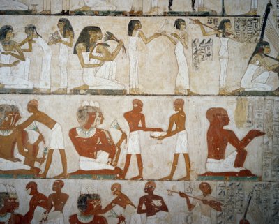 Banquet funéraire avec musiciennes, femmes se parant de bijoux, hommes et musiciens - Egyptian 18th Dynasty