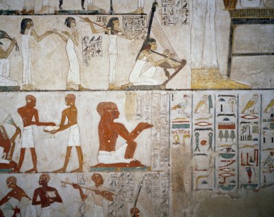 Festin funéraire avec musiciennes, hommes et musiciens, détail des fresques dans la Tombe de Rekhmire, Nécropole de Sheikh Abd el Qurnah, Louxor, Thèbes (Liste du patrimoine mondial de l