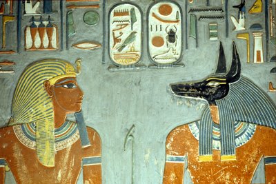 Horemheb et Anubis, de la tombe de Horemheb (c.1323-1295 av. J.-C.) Nouvel Empire (détail) - Egyptian 18th Dynasty