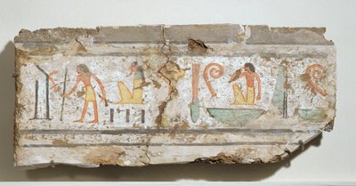 Inscription en hiéroglyphes particulièrement clairs : un homme avec sa canne, un dieu barbu accroupi, un homme avec la main sur la bouche ... - Egyptian 18th Dynasty