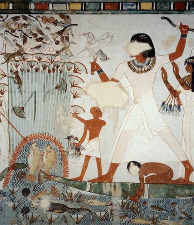 Menna et sa famille pêchant et chassant dans les marais du Nil, détail des fresques dans la chapelle de la tombe de Menna, Nécropole de Sheikh Abd el Qurnah, Louxor, Thèbes (Liste du patrimoine mondial de l