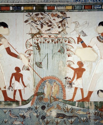 Menna et sa famille pêchant et chassant dans les marais du Nil, détail des fresques de la chapelle de la tombe de Menna, Nécropole de Sheikh Abd el Qurnah, Louxor, Thèbes (liste du patrimoine mondial de l